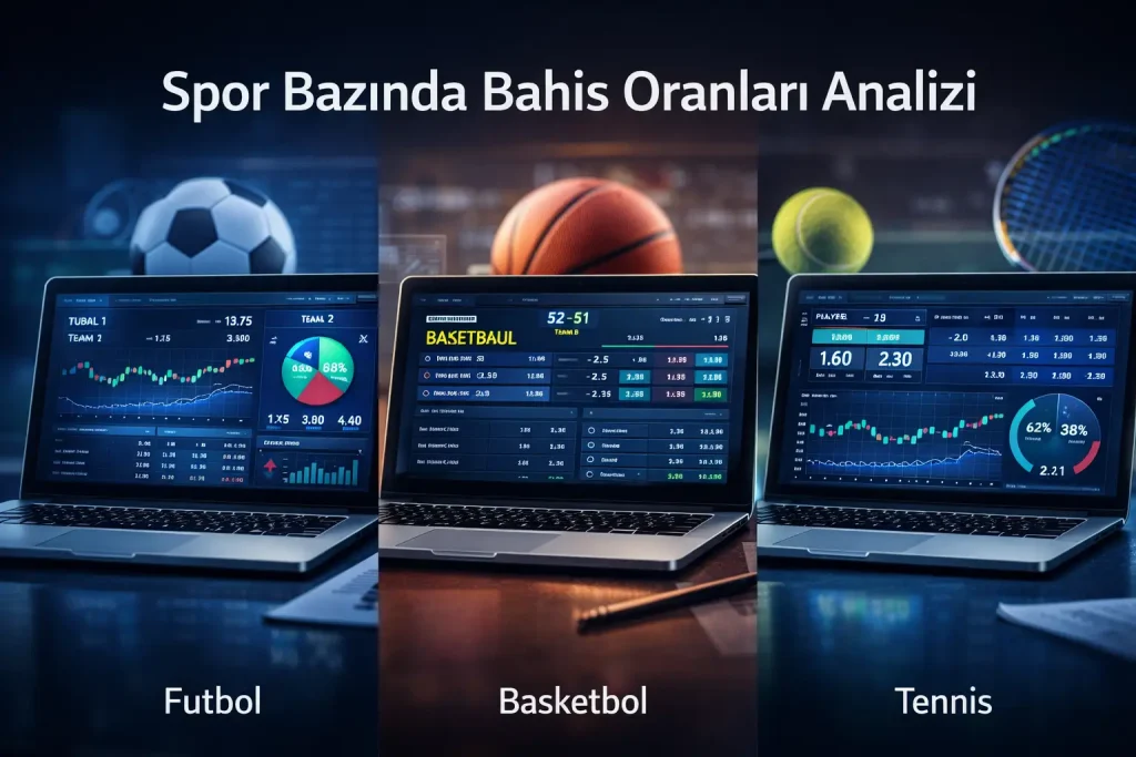 Futbol, basketbol ve tenis için farklı bahis oranlarını ve istatistikleri gösteren analiz panelleri, spor bazında oran dinamikleri karşılaştırması