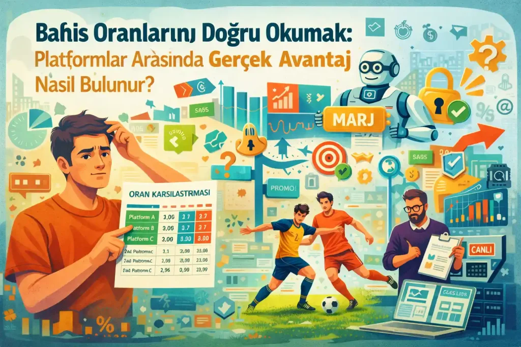 Farklı bahis platformlarının oranlarını karşılaştıran bir kullanıcının, veri grafikleri, spor sahnesi ve analiz ikonlarıyla çevrili olduğu yatay illüstrasyon