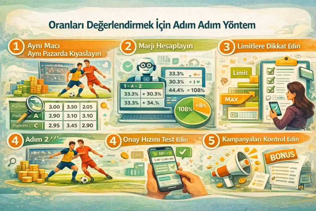 Bahis oranlarını analiz etmeyi simgeleyen yatay illüstrasyon; platform karşılaştırması, marj hesaplama, limit kontrolü, canlı onay süreci ve kampanya değerlendirmesi görsel sembollerle anlatılır